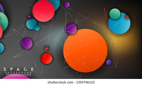 Background of Flat Space with planets and stars. Vector illustration of galaxy