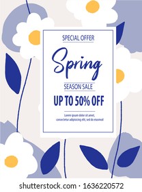 Background Flat spring sale banner template with super discount vector in classic blue floral theme.