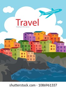 Background with a flat vector for travel. Italian Riviera.