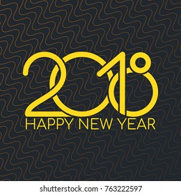 Background with flat vector yellow 2018 date and happy new year text on dark wavy background for seasonal holiday new year and christmas banners, flyers, greeting cards, web design