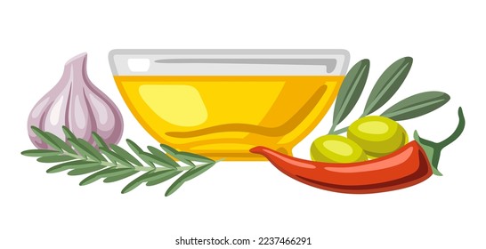 Background with flavored oil rosemary and chili pepper, olive branch and garlic. Spicy for cooking.
