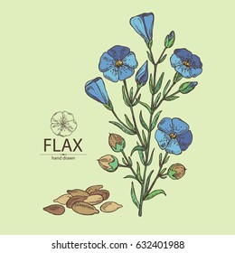 Background with flax: flower, flax plant and flax seeds. hand drawn