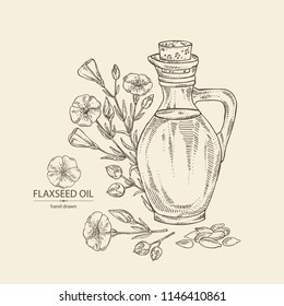 Background with flax and flax oil: plant, seeds, flowers and bottle of flax oil. Vector hand drawn illustration