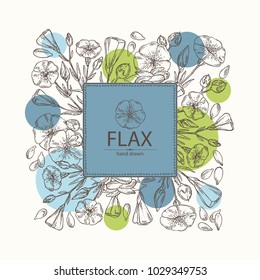 Background with flax plant seeds and flowers. Vector hand drawn illustration.