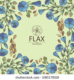 Background with flax plant seeds and flowers. Vector hand drawn illustration.