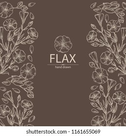 Background with flax plant seeds and flowers. Vector hand drawn illustration.