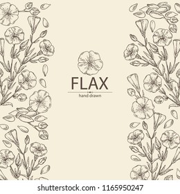 Background with flax plant seeds and flowers. Vector hand drawn illustration.