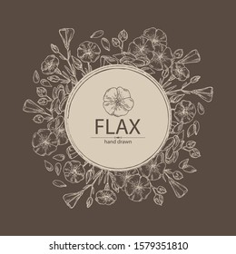 Background with flax plant seeds and flowers. Vector hand drawn illustration.