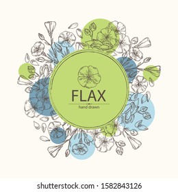 Background with flax plant seeds and flowers. Vector hand drawn illustration.