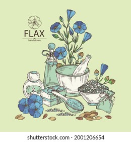 Background with flax: plant seeds and flax flowers. Oil, soap and bath salt . Cosmetics and medical plant. Vector hand drawn illustration