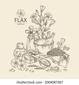 Background with flax: plant seeds and flax flowers. Oil, soap and bath salt . Cosmetics and medical plant. Vector hand drawn illustration