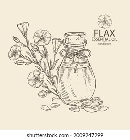 Background with flax: plant, seeds, flowers and bottle of flax essential oil. Cosmetic, perfumery and medical plant. Vector hand drawn illustration.