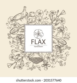 Background with flax: plant seeds and flax flowers. Oil, soap and bath salt . Cosmetics and medical plant. Vector hand drawn illustration