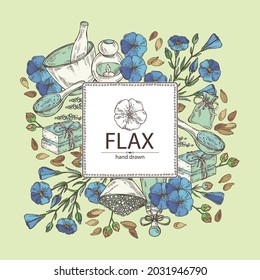 Background with flax: plant seeds and flax flowers. Oil, soap and bath salt . Cosmetics and medical plant. Vector hand drawn illustration