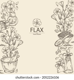 Background with flax: plant seeds and flax flowers. Oil, soap and bath salt . Cosmetics and medical plant. Vector hand drawn illustration