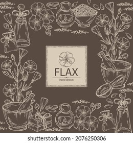 Background with flax: plant seeds and flax flowers. Oil, soap and bath salt . Cosmetics and medical plant. Vector hand drawn illustration