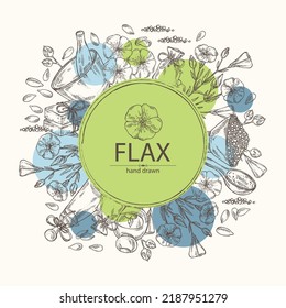 Background with flax: plant seeds and flax flowers. Oil, soap and bath salt . Cosmetics and medical plant. Vector hand drawn illustration