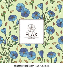 Background with flax plant seeds and flowers. Vector hand drawn illustration.