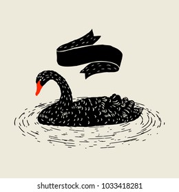 Background with floating black swan. Hand drawn bird.