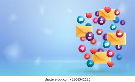 Background with floating social network elements on blue background. Poster for your creativity