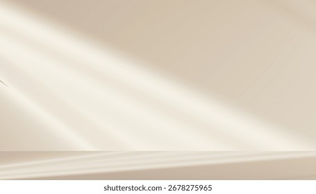Estudio de la pared del fondo con la sombra en el podio 3d para la maqueta del soporte del producto, sitio vacío de la cocina con la luz blanca en el piso de la crema del color, textura suave del gradiente de la escena interior para el telón de fondo de la plataforma de la caída