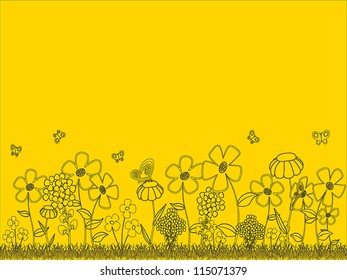 Background - floral cartoon  theme on a yellow background, with space for text or image. EPS10 vector image.