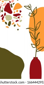 Fondo con elementos florales, formas y mosaicos de terrazo. Documentos de escritorio móviles abstractos en plantillas de estilo collage contemporáneo minimalista para historias en medios sociales. Ilustración vectorial en color pastel