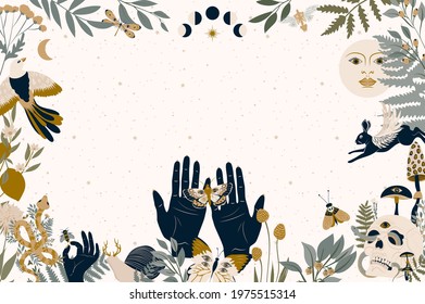 Background with floral frame with mystical plants, herbs, flower and insects. editable Vector Illustration.