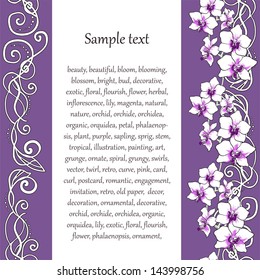 Background with floral orchid pattern in purple frame and text area