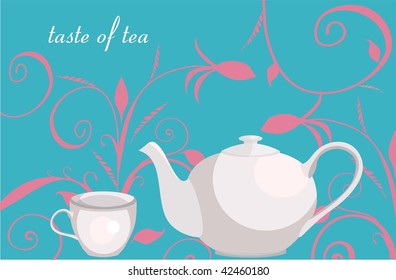 Background with floral ornament, teapot and cup