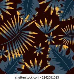El fondo es un patrón floral. Hojas tropicales en un fondo oscuro. Primavera, verano