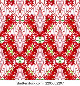 The background is floral. Red, pink ornament. Seamless background of flowers. Vector drawing. Vintage style. Template for fabric and paper.