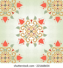 Background with floral symmetrical elements. Delicate ornament. Physalis, leaves and twisted branches.