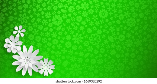 Background with floral texture in green colors and several big white paper flowers with soft shadows