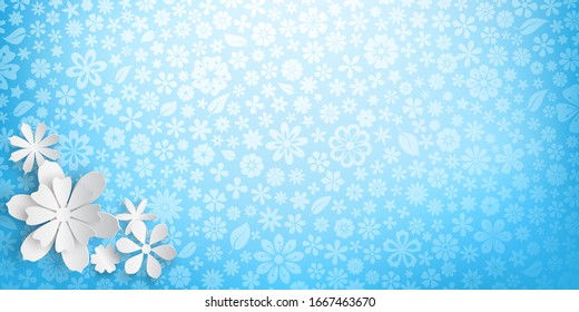 Fondo con textura floral en colores azul claro y varias grandes flores de papel blanco con sombras suaves