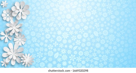 Background with floral texture in light blue colors and several big white paper flowers with soft shadows