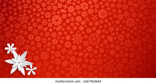 Background with floral texture in red colors and several big white paper flowers with soft shadows