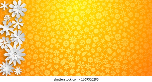 Background with floral texture in yellow colors and several big white paper flowers with soft shadows