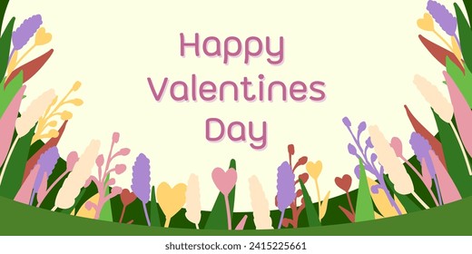 Background with flower garden frame on Valentine's Day. Vector illustration, blooming, green leaf. 