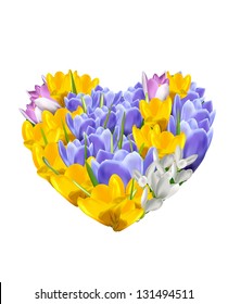 Background with flower and heart.Colorful bouquet of first spring flowers.Vector illustration