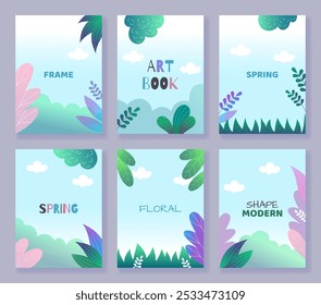 Hintergrund Blumen und Blätter. Himmel und Wolken. Blumenrahmen. Frühling Sommer Postkarten und Plakate Set. Moderner Hintergrund. Zeitgenössische Buch oder kreative Notebook-Cover Vektor einzelne Sammlung für Design