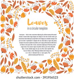 Background with flower round frame. Plant elements are arranged around the title and text. There are four colors, which are connected with each other.