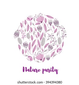 Background with flower round frame. Plant elements are arranged around the title and text. There are four colors, which are connected with each other.