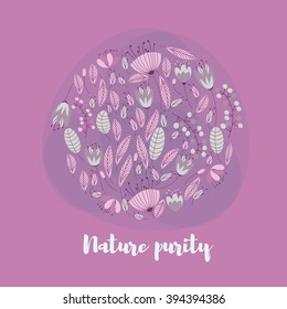 Background with flower round frame. Plant elements are arranged around the title and text. There are four colors, which are connected with each other.