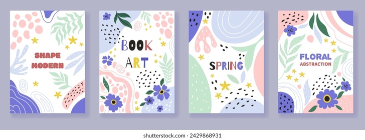 Background flower. Shape abstract graphic design spring, floral card, pattern kid, border frame Memphis, nature poster birthday, natural autumn botany. Doodle style. Vector tidy modern posters set