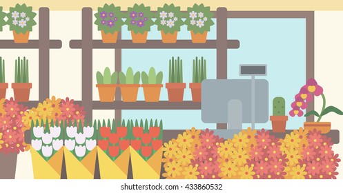 Fondo de la florería. Contador con caja de efectivo en floristería vectorial ilustración de diseño plano. Diseño horizontal.