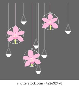Background with flowers and beads. Orchids in hanging vases. Floral design.Vector illustration