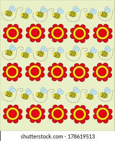 Background with flowers and bee. Illustration.