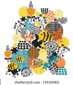 Background with flowers and bees. Vector artistic pattern.