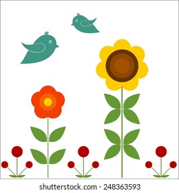 Background with flowers, berries and birds